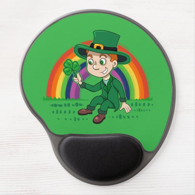 Cute cartoon leprechaun with shamrock and rainbow gel mouse pad (Front)