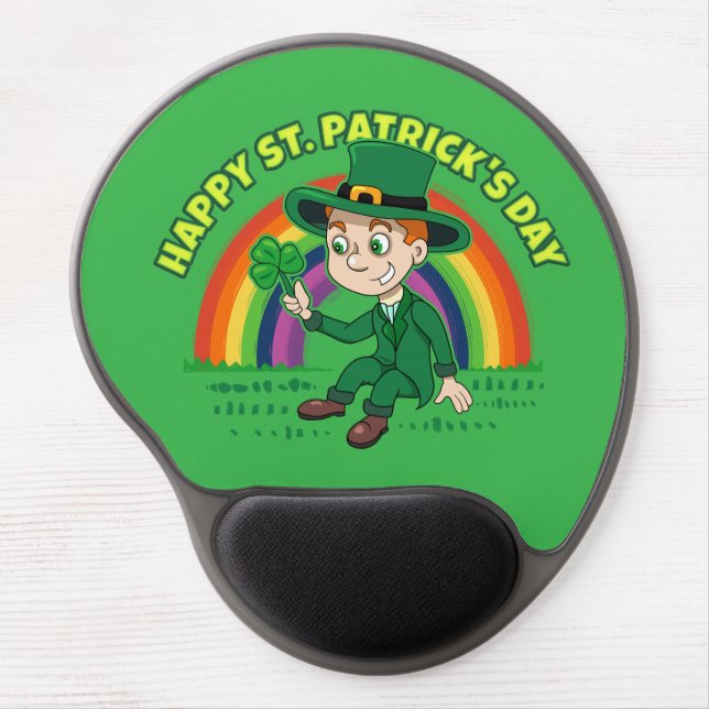 Cute cartoon leprechaun with shamrock and rainbow gel mouse pad (Front)