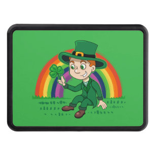Cute cartoon leprechaun with shamrock and rainbow hitch cover
