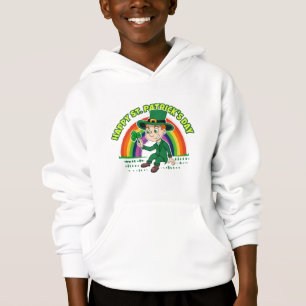 Cute cartoon leprechaun with shamrock and rainbow hoodie
