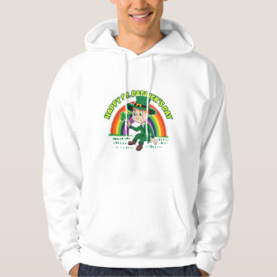 Cute cartoon leprechaun with shamrock and rainbow hoodie