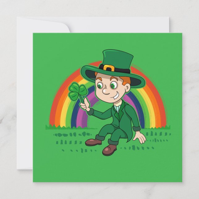 Cute cartoon leprechaun with shamrock and rainbow invitation (Front)
