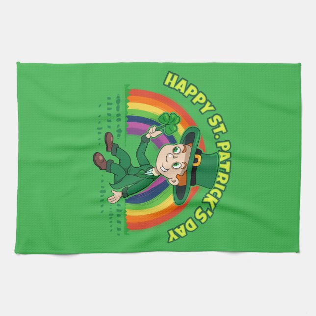 Cute cartoon leprechaun with shamrock and rainbow kitchen towel (Horizontal)