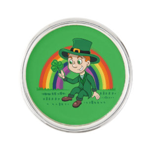 Cute cartoon leprechaun with shamrock and rainbow lapel pin