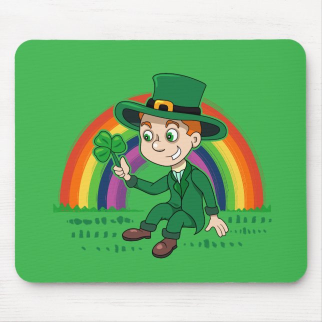 Cute cartoon leprechaun with shamrock and rainbow mouse pad (Front)