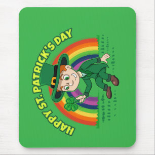 Cute cartoon leprechaun with shamrock and rainbow mouse pad