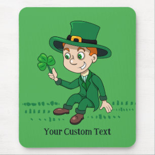 Cute cartoon leprechaun with shamrock and rainbow mouse pad