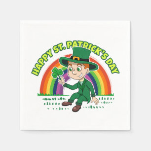 Cute cartoon leprechaun with shamrock and rainbow napkins