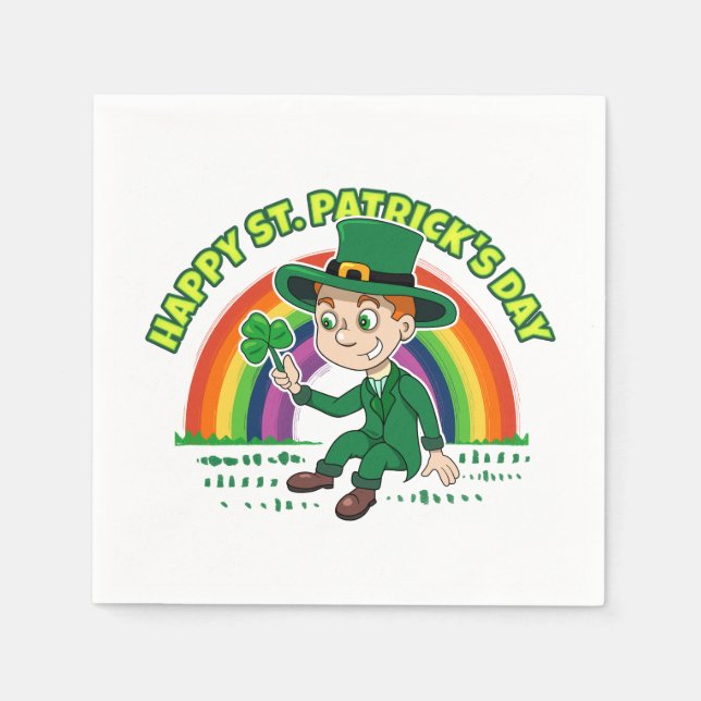 Cute cartoon leprechaun with shamrock and rainbow napkins (Front)
