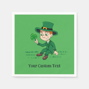 Cute cartoon leprechaun with shamrock and rainbow napkins