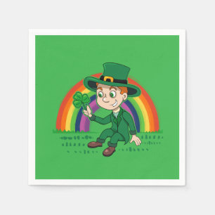 Cute cartoon leprechaun with shamrock and rainbow napkins