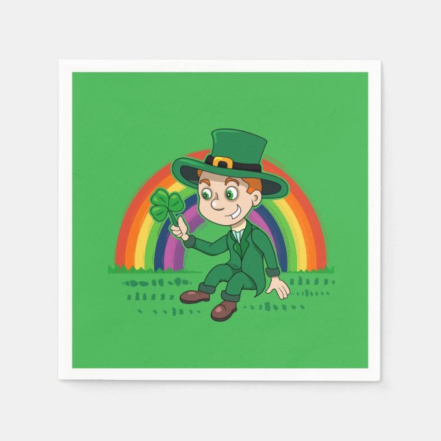 Cute cartoon leprechaun with shamrock and rainbow napkins (Front)