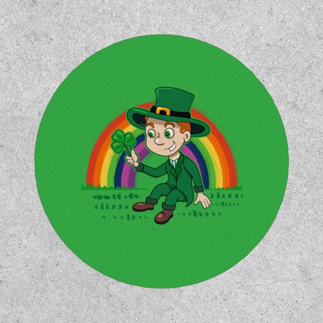 Cute cartoon leprechaun with shamrock and rainbow patch (Front)