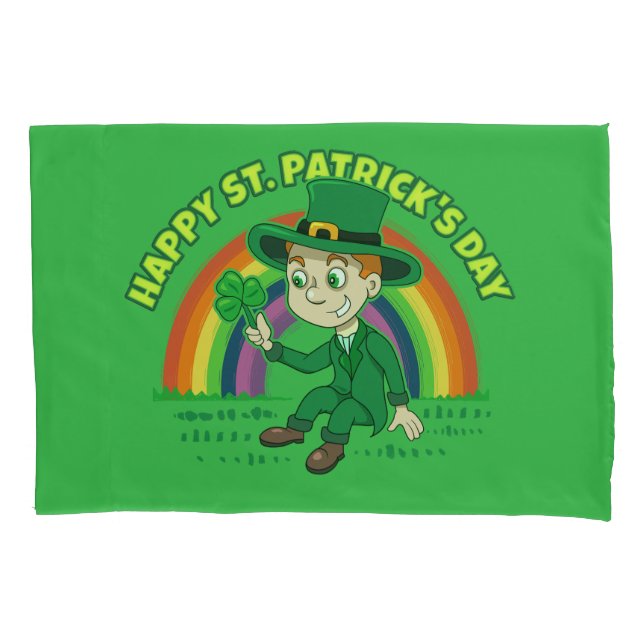 Cute cartoon leprechaun with shamrock and rainbow pillow case (Front)