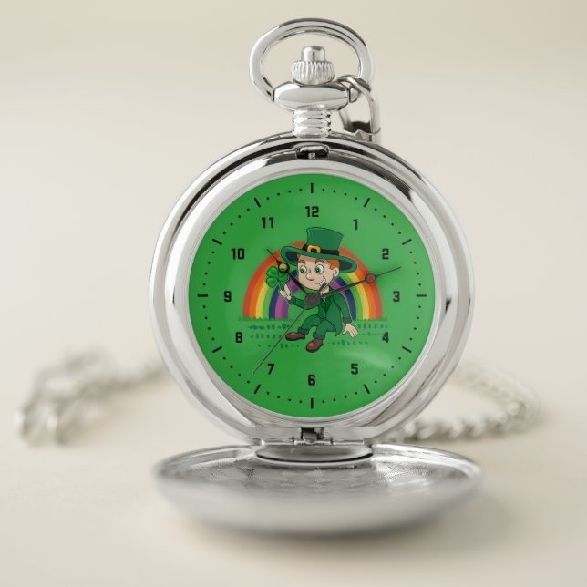 Cute cartoon leprechaun with shamrock and rainbow pocket watch (Inside)