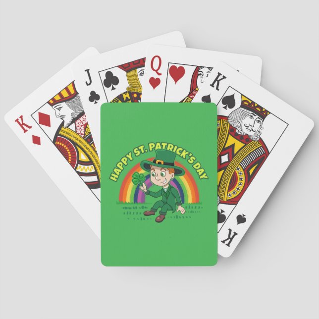 Cute cartoon leprechaun with shamrock and rainbow poker cards (Back)