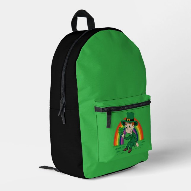 Cute cartoon leprechaun with shamrock and rainbow printed backpack (Back Corner Left)