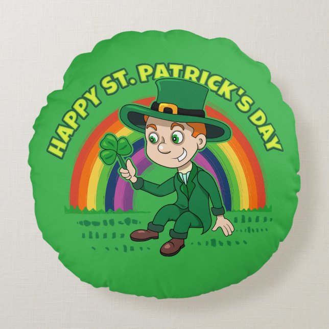 Cute cartoon leprechaun with shamrock and rainbow round pillow (Front)