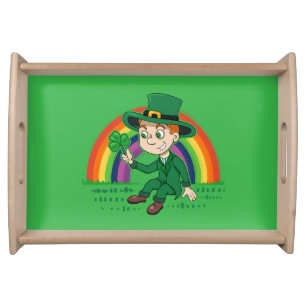 Cute cartoon leprechaun with shamrock and rainbow serving tray