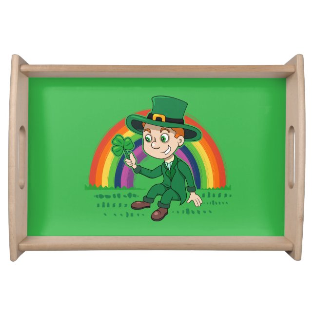 Cute cartoon leprechaun with shamrock and rainbow serving tray (Front)