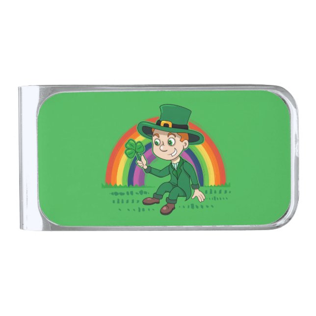 Cute cartoon leprechaun with shamrock and rainbow silver finish money clip (Front)