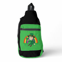 Cute cartoon leprechaun with shamrock and rainbow