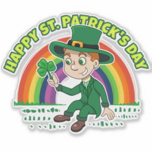 Cute cartoon leprechaun with shamrock and rainbow sticker