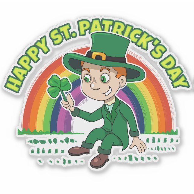 Cute cartoon leprechaun with shamrock and rainbow sticker (Front)