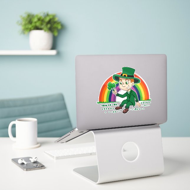 Cute cartoon leprechaun with shamrock and rainbow sticker (Laptop On Desk)