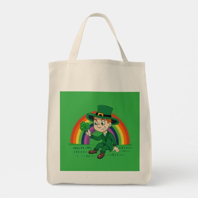 Cute cartoon leprechaun with shamrock and rainbow tote bag (Back)