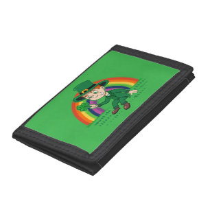 Cute cartoon leprechaun with shamrock and rainbow tri-fold wallet