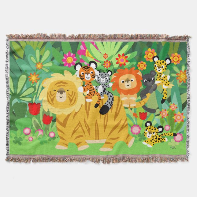 Cute Cartoon Liger and Friends Throw Blanket (Front)