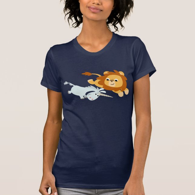 Cute Cartoon Lion and Unicorn woman T-shirt (Front)