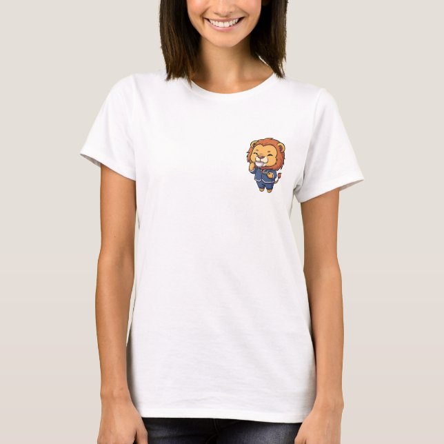 Cute Cartoon Lion Businessman Mascot Drinking Tea T-Shirt (Front)