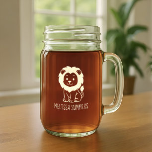 Cute Cartoon Lion Custom Name Mason Jar W/ Handle