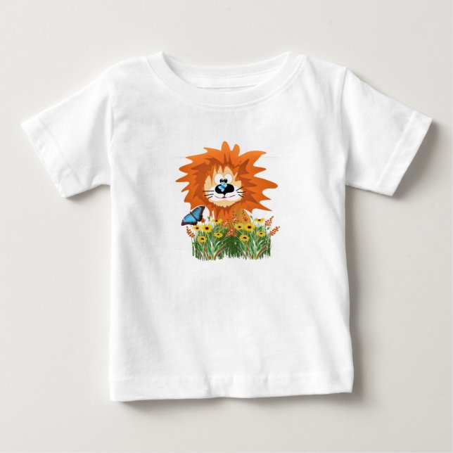 Cute Cartoon Lion in Flower Garden  Baby T-Shirt (Front)