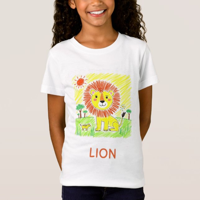 Cute Cartoon Lion - Kids Animal Art T-Shirt (Front)