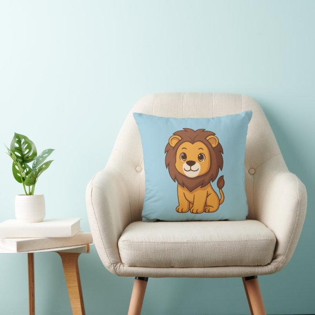Cute Cartoon Lion on Blue Throw Pillow (Chair)