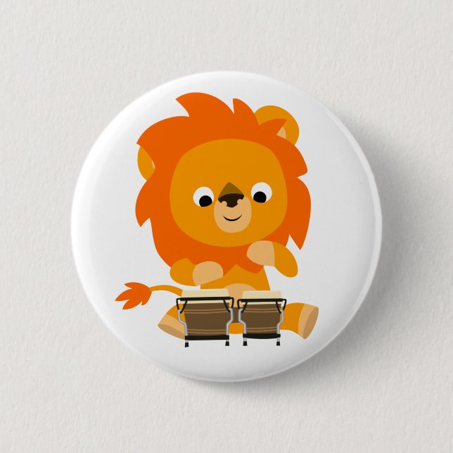 Cute Cartoon Lion Paying Bongos Button Badge (Front)