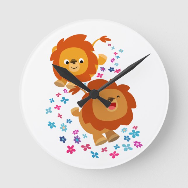 Cute Cartoon Lions In The Garden Wall Clock (Front)