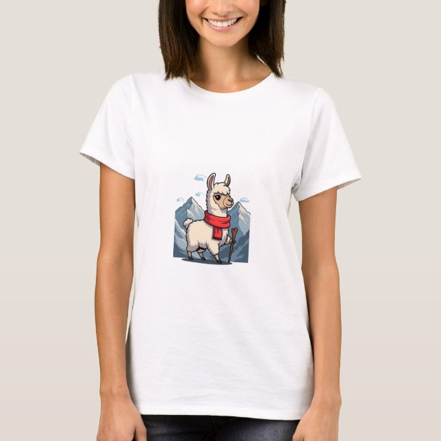 Cute Cartoon Llama Hiker with Red Scarf T-Shirt (Front)
