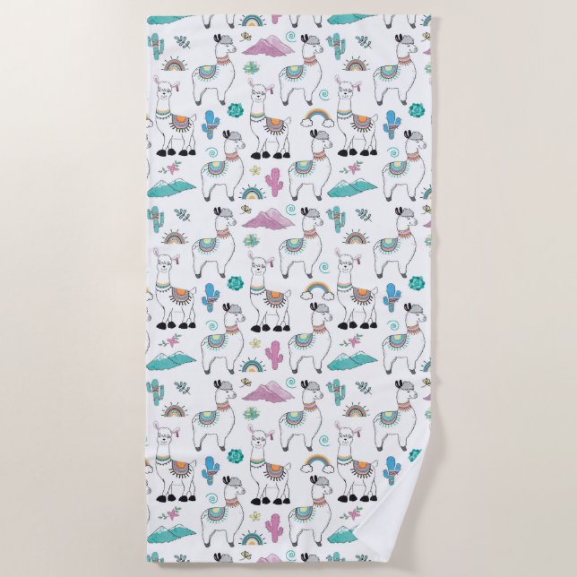 Cute Cartoon Llama Pattern Beach Towel (Front)