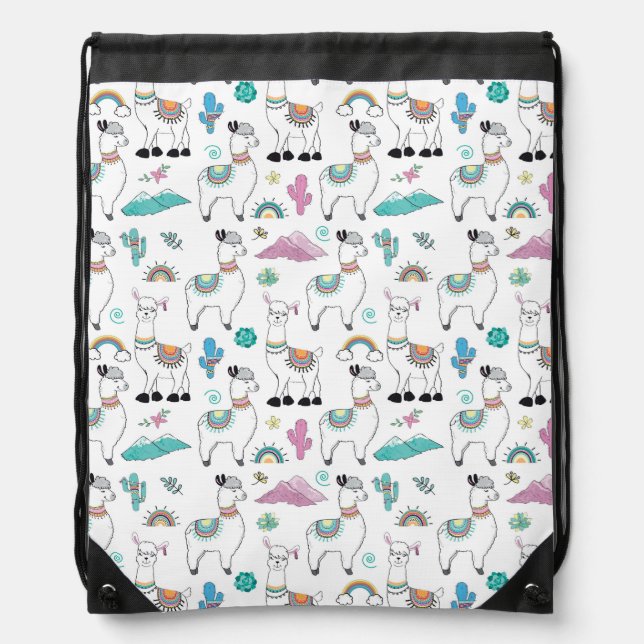 Cute Cartoon Llama Pattern Drawstring Bag (Front)