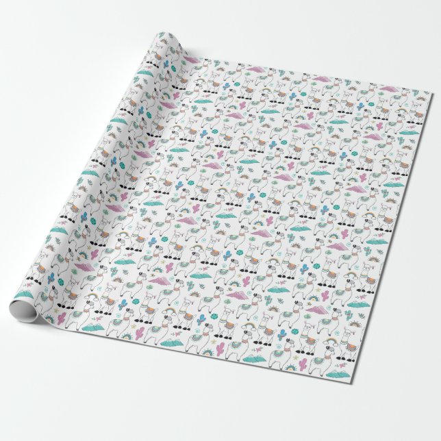 Cute Cartoon Llama Pattern Wrapping Paper (Unrolled)