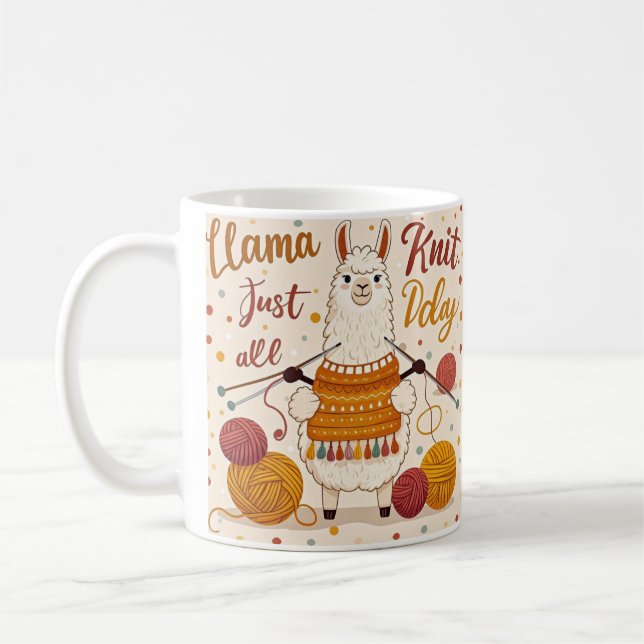 Cute Cartoon llama wearing a knit scarf Coffee Mug (Left)