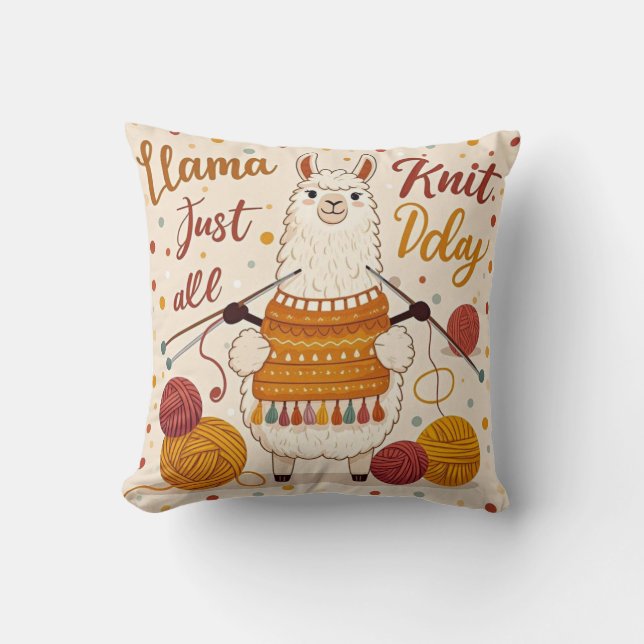 Cute Cartoon llama wearing a knit scarf Throw Pillow (Front)