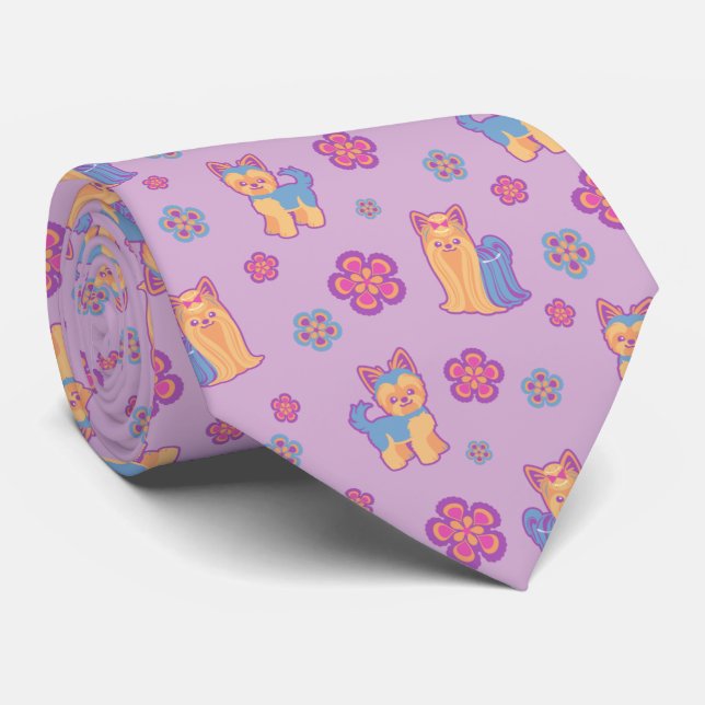 Cute Cartoon Long and Short Hair Yorkie Dog Neck Tie (Rolled)