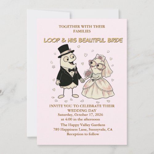 Cute Cartoon Loop Character Whimsical Pink Wedding Invitation