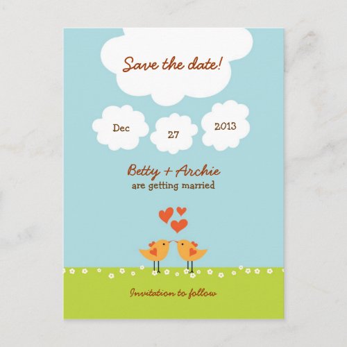 Cute Cartoon Love Birds Day Wedding Announcement Postcard