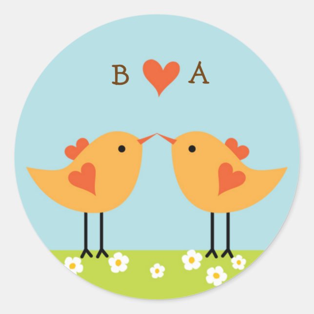 Cute Cartoon Love Birds (Day) Wedding Classic Round Sticker (Front)